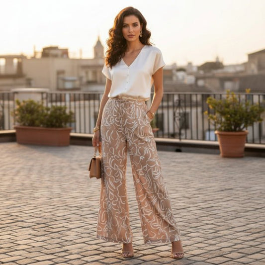 Allover Print Drawstring Wide Leg Pants with Pockets - ZumBuys