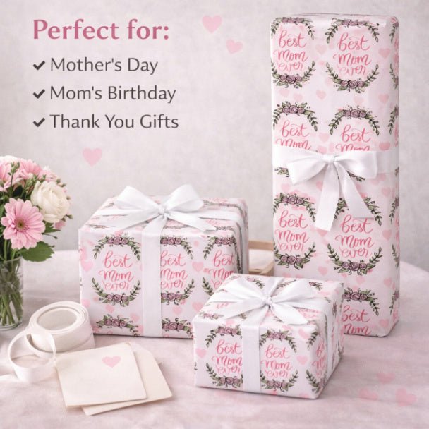 Best Mom Ever Wrapping Paper – Mother’s Day Gift Wrap, Floral Heart Design, Premium Gift Wrap Roll, Matte or Glossy Finish - ZumBuys
