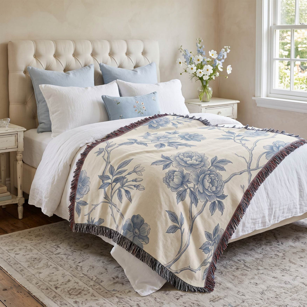Blue Garden Reverie Woven Blanket - ZumBuys