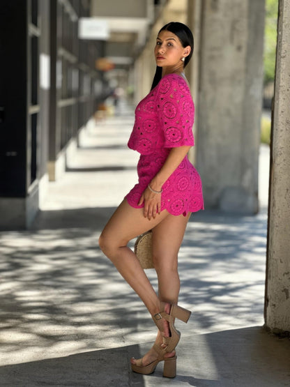 Boho Crochet Lace Crop Top & Line Short Set - ZumBuys