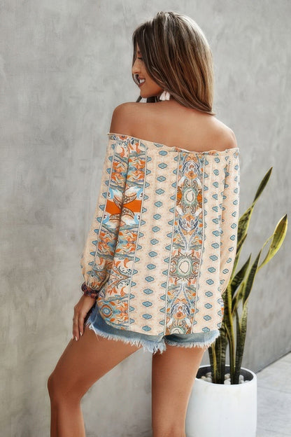 Boho Print Off Shoulder Long Sleeve Knot Front Blouse - ZumBuys