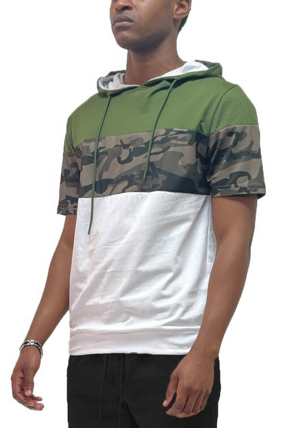 Camo And Solid Design Block Hooded Shirt - ZumBuys