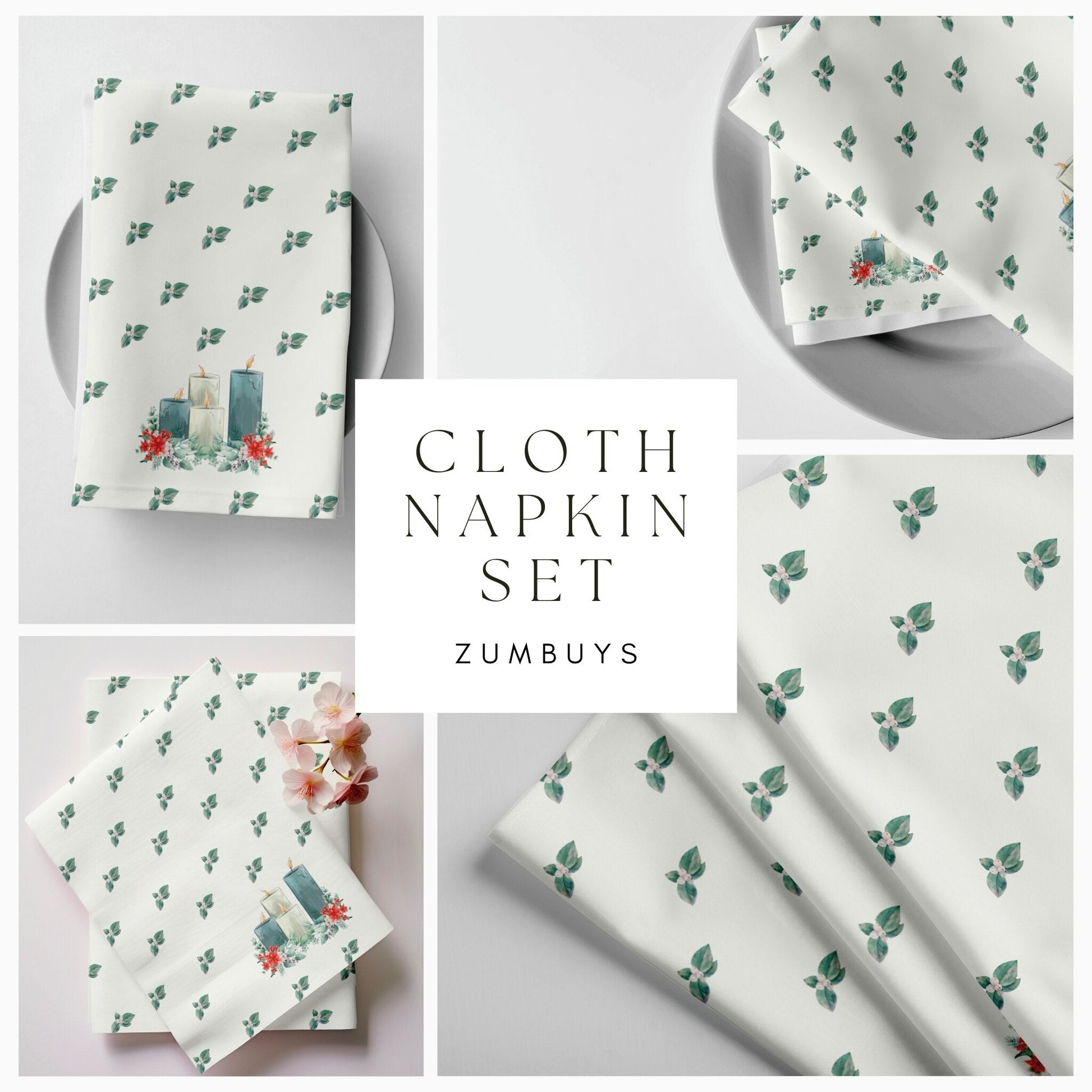 Cloth napkin set with green leaves, designed for Christmas, bringing a natural and festive touch to your holiday table setting.