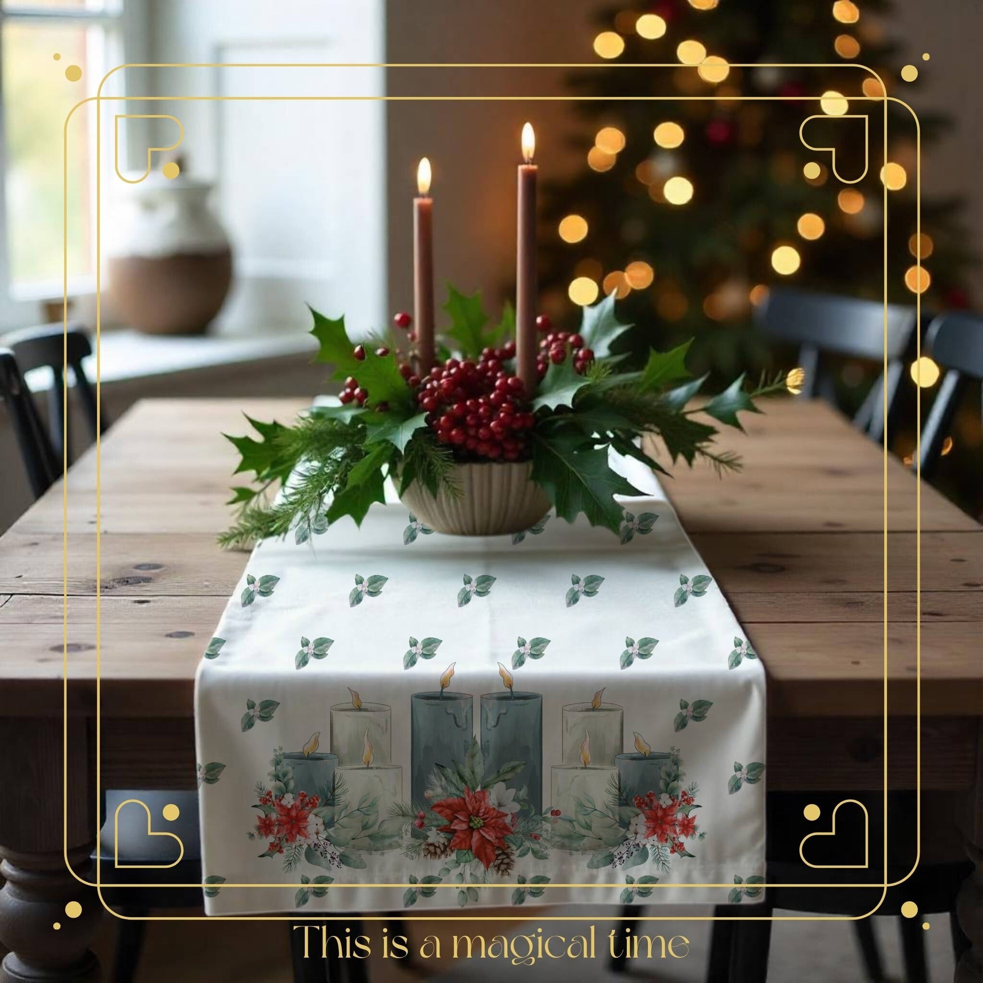 Christmas Candles Table Runner (Cotton, Poly) - ZumBuys