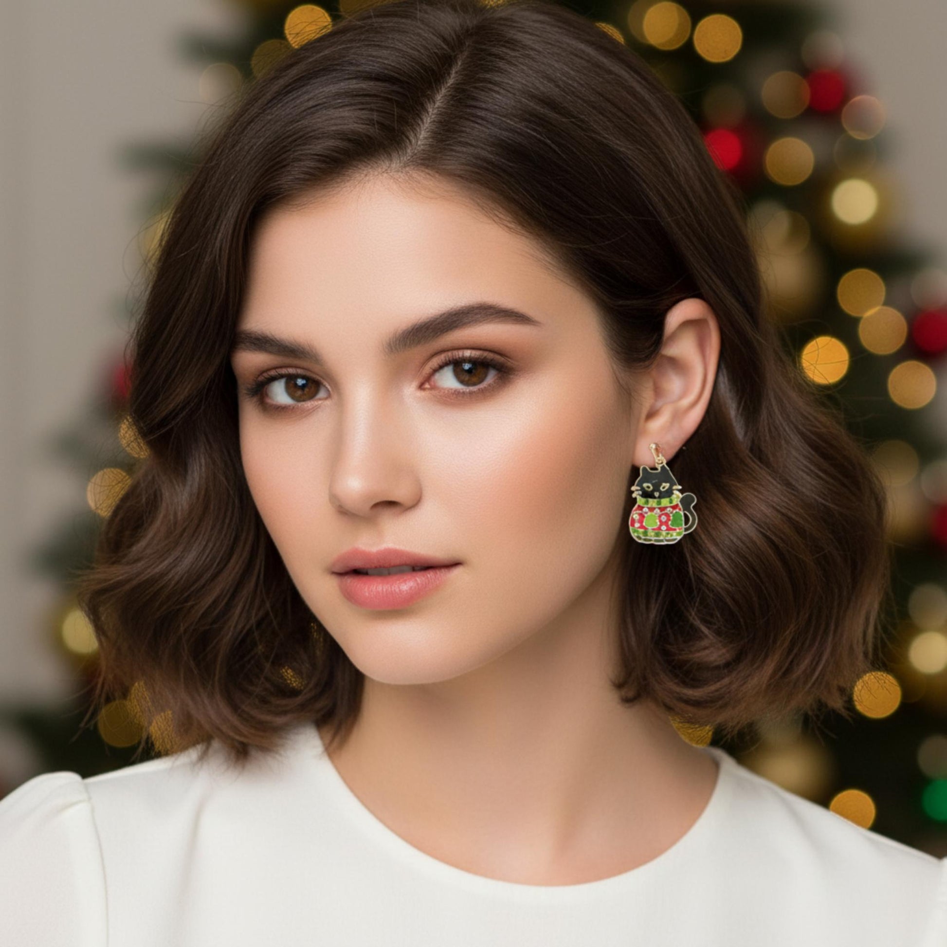 Christmas Enamel Cat In Ugly Sweater Earrings - ZumBuys