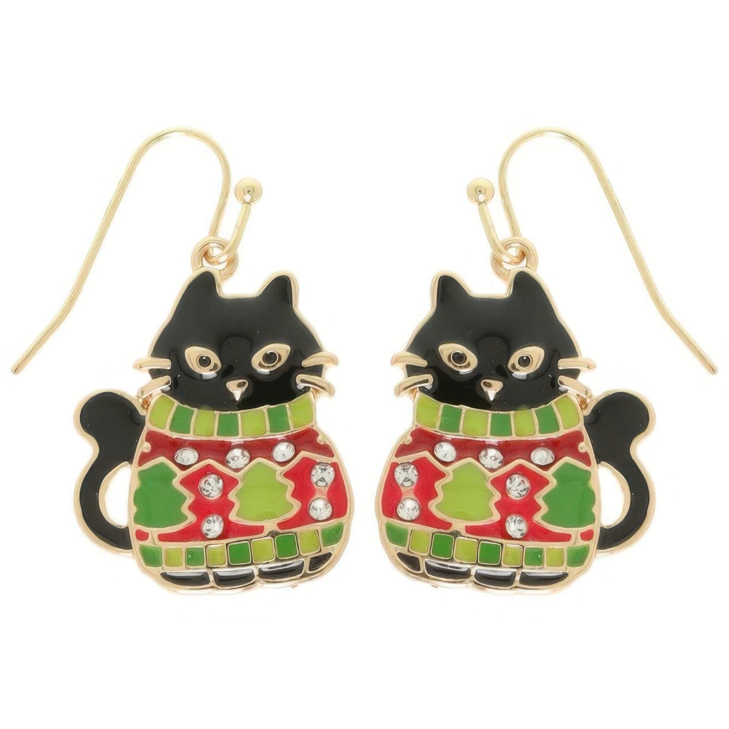 Christmas Enamel Cat In Ugly Sweater Earrings - ZumBuys