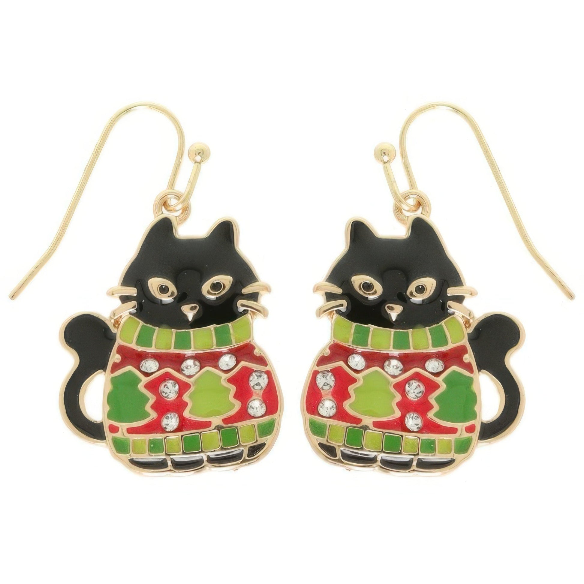 Christmas Enamel Cat In Ugly Sweater Earrings - ZumBuys