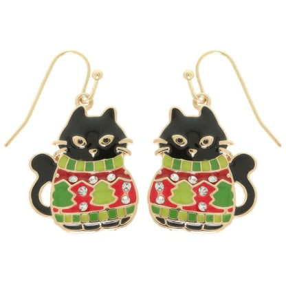 Christmas Enamel Cat In Ugly Sweater Earrings - ZumBuys