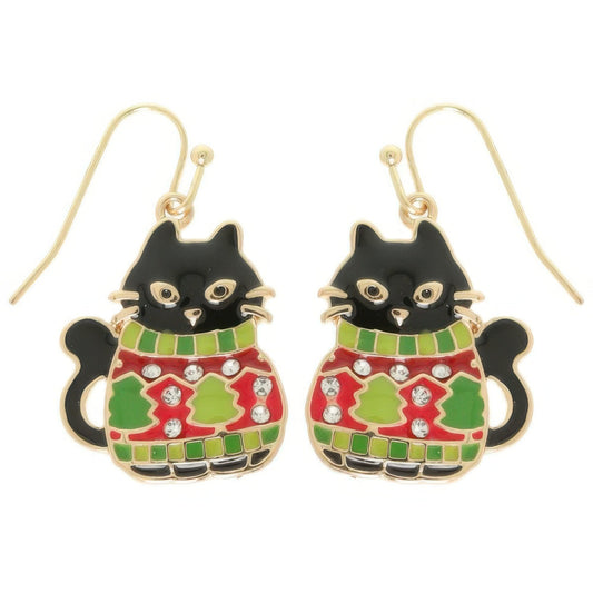 Christmas Enamel Cat In Ugly Sweater Earrings - ZumBuys