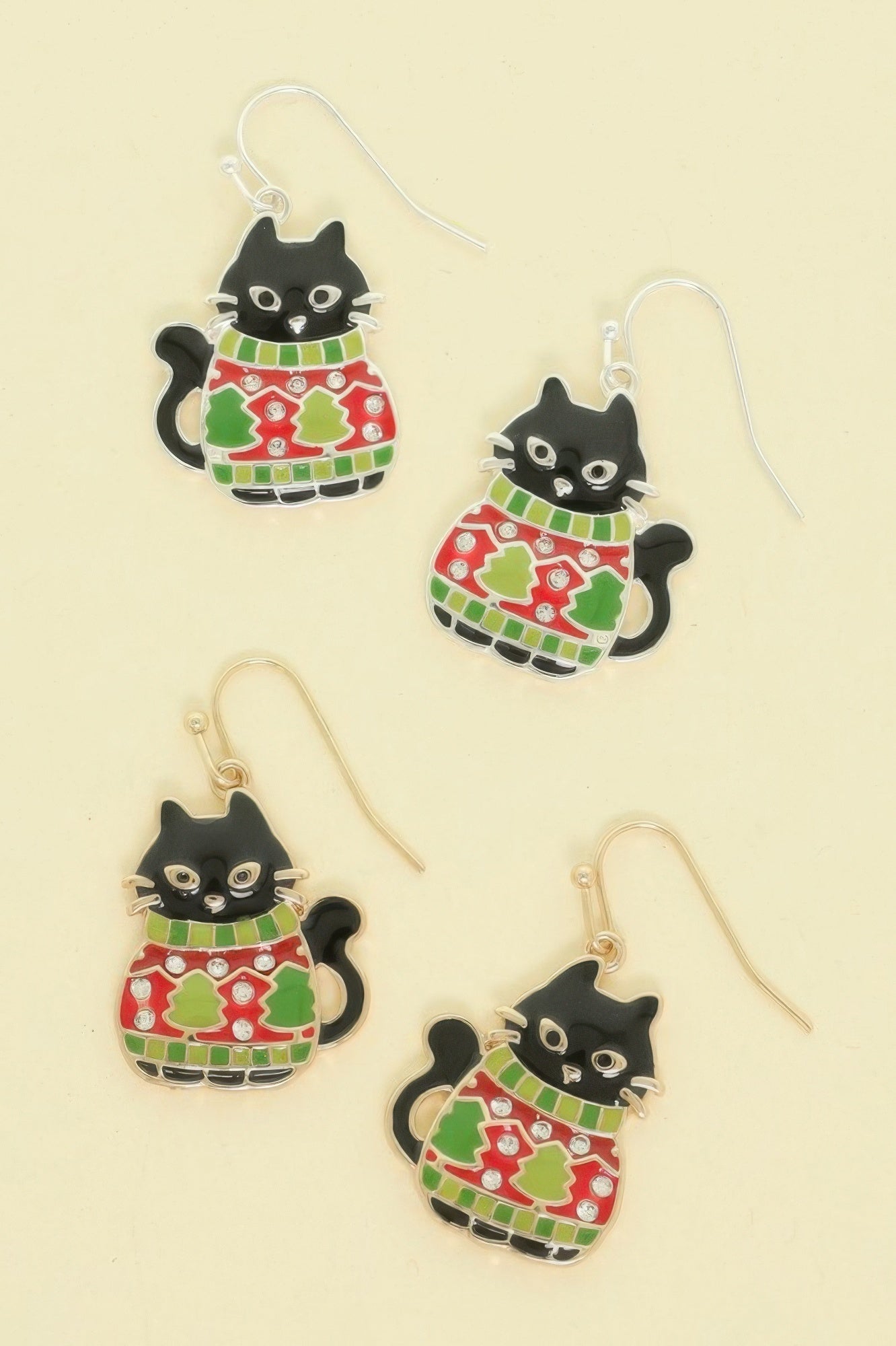 Christmas Enamel Cat In Ugly Sweater Earrings - ZumBuys