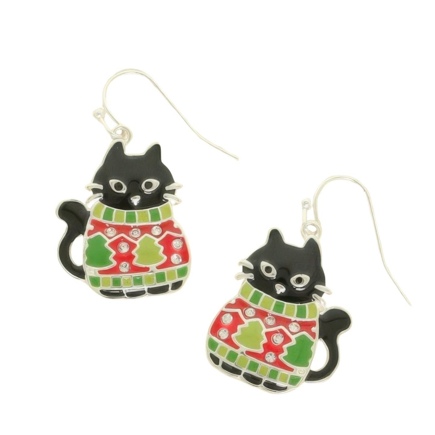 Christmas Enamel Cat In Ugly Sweater Earrings - ZumBuys