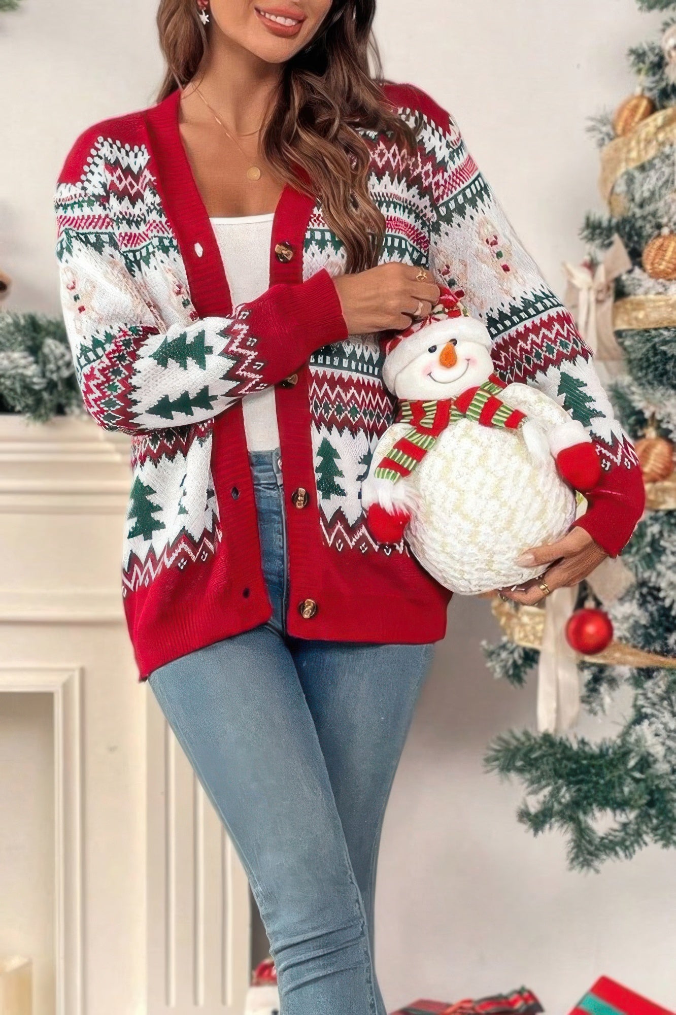 Christmas Print Knit Button Down Loose Cardigan - ZumBuys