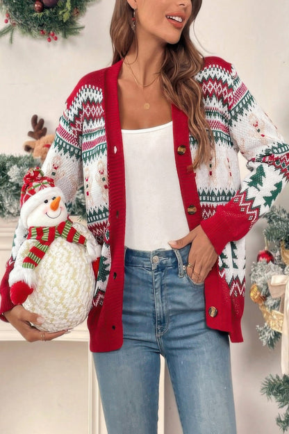 Christmas Print Knit Button Down Loose Cardigan - ZumBuys