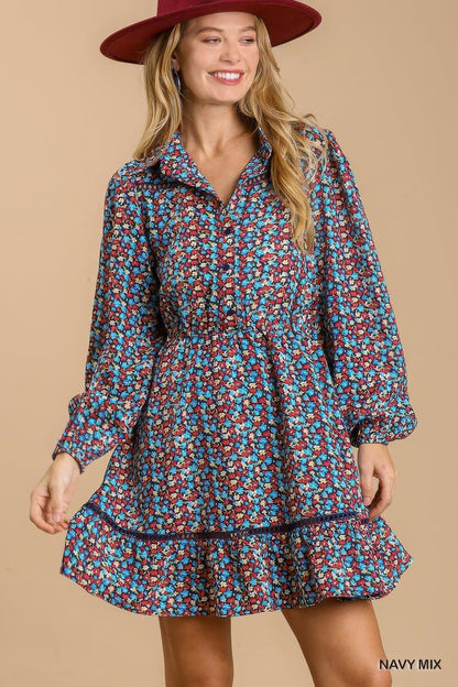 Collared Neckline Button Down Floral Print Dress with Crochet Trimmed Details - ZumBuys