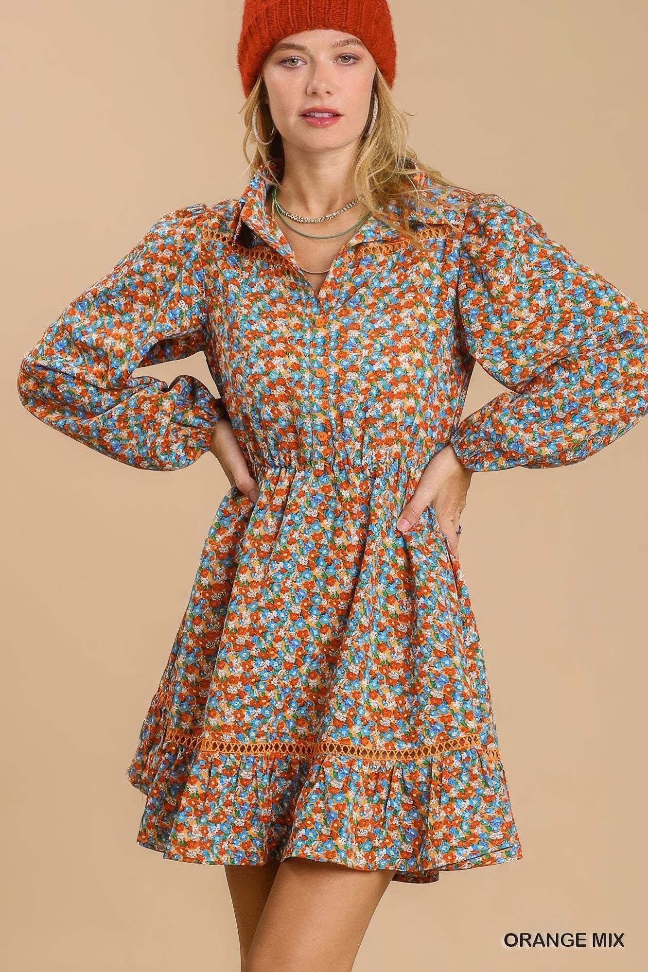 Collared Neckline Button Down Floral Print Dress with Crochet Trimmed Details - ZumBuys