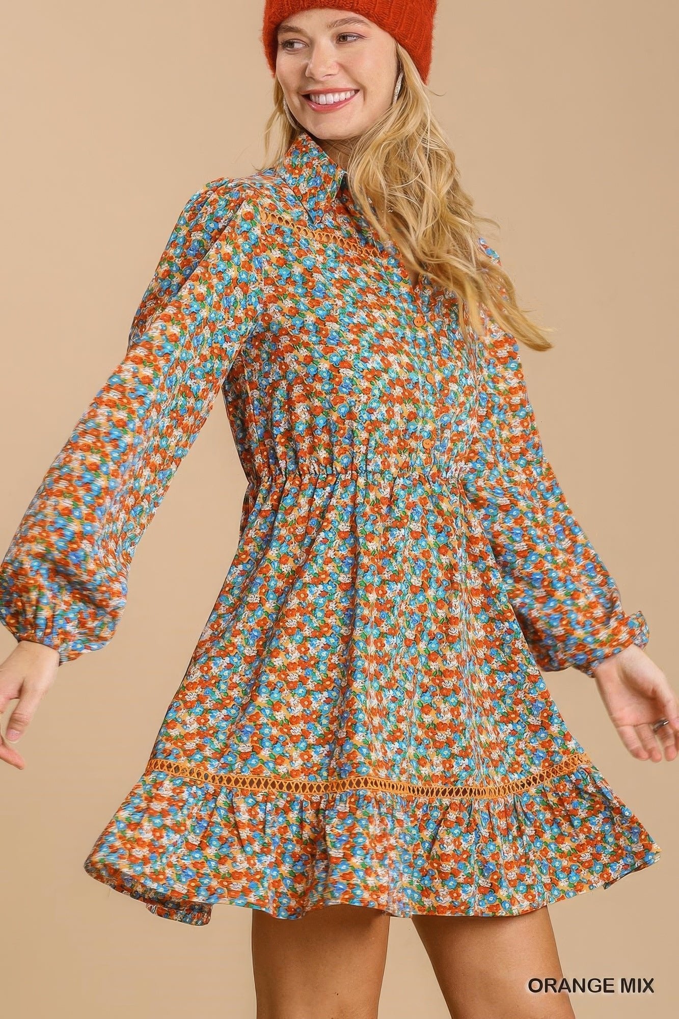 Collared Neckline Button Down Floral Print Dress with Crochet Trimmed Details - ZumBuys