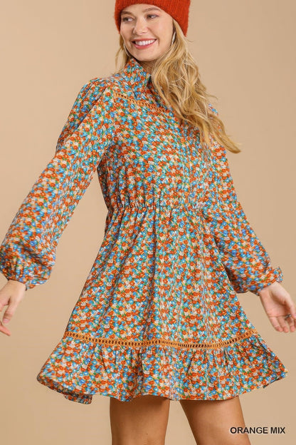 Collared Neckline Button Down Floral Print Dress with Crochet Trimmed Details - ZumBuys
