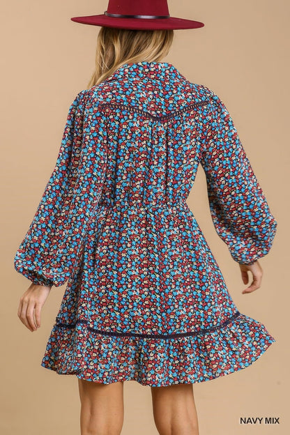 Collared Neckline Button Down Floral Print Dress with Crochet Trimmed Details - ZumBuys