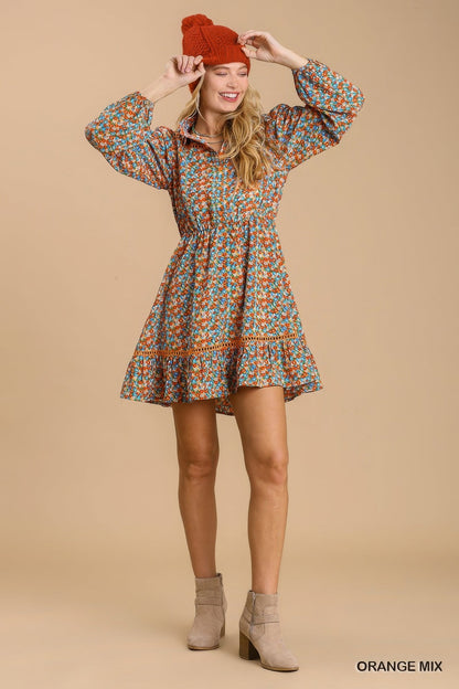 Collared Neckline Button Down Floral Print Dress with Crochet Trimmed Details - ZumBuys