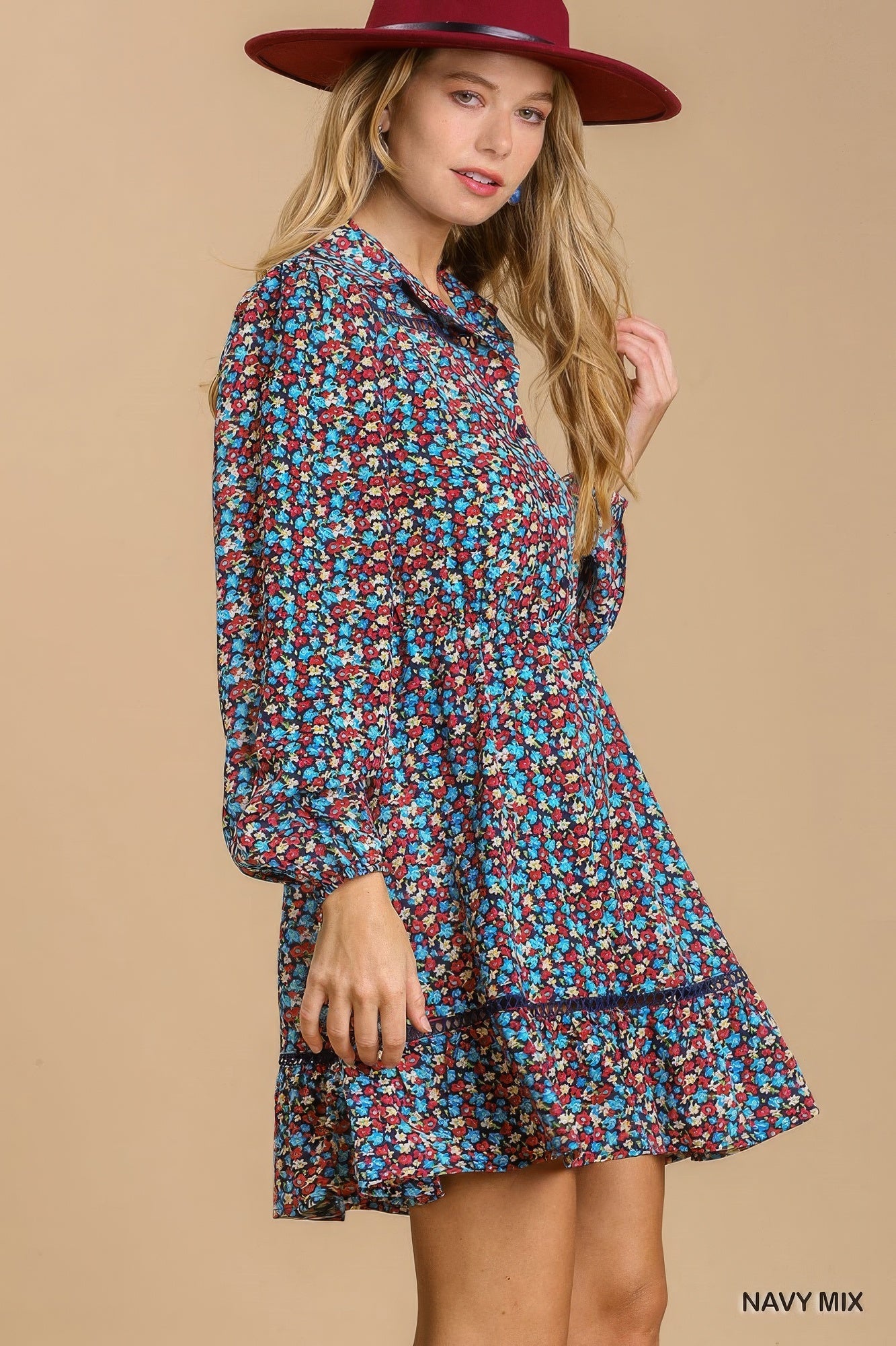 Collared Neckline Button Down Floral Print Dress with Crochet Trimmed Details - ZumBuys