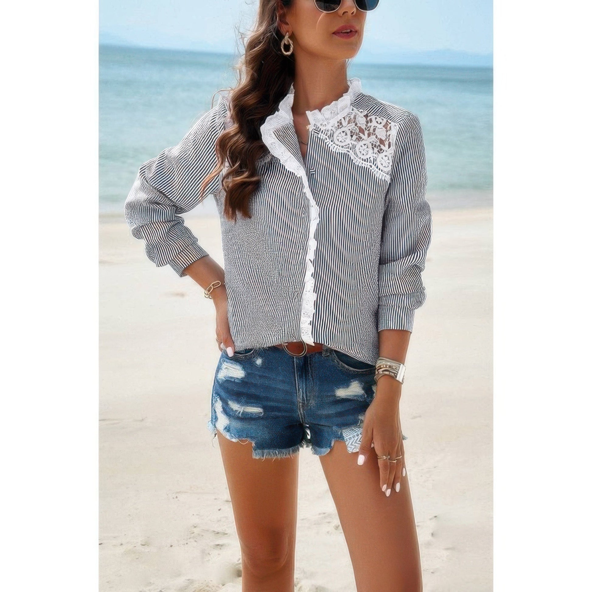 Colorblock Guipure Lace Insert Button Front Shirt - ZumBuys