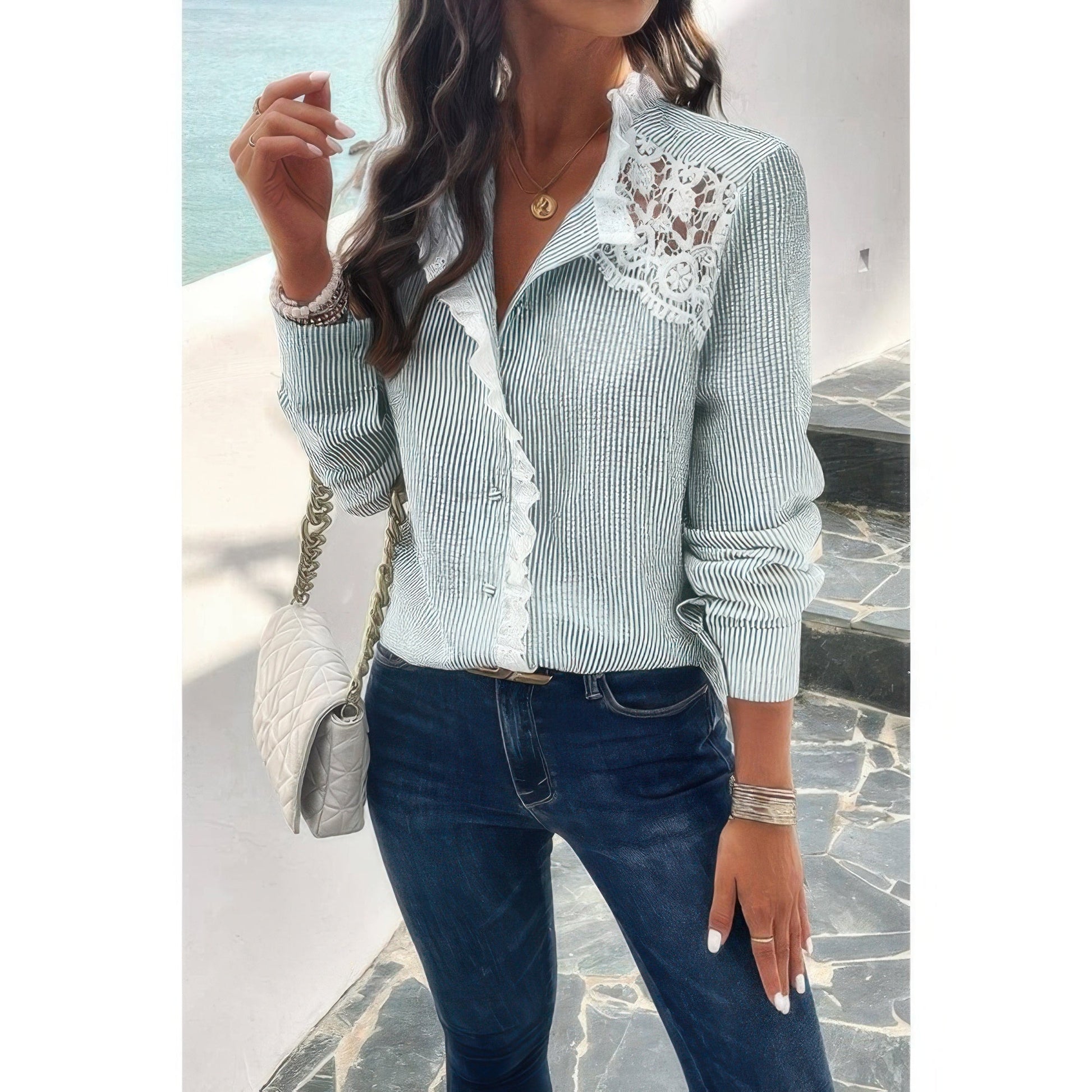 Colorblock Guipure Lace Insert Button Front Shirt - ZumBuys