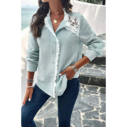 Colorblock Guipure Lace Insert Button Front Shirt - ZumBuys