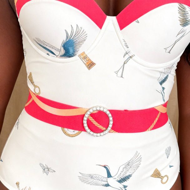 Crane Key One Piece Swimsuit – Vintage Crane Print Resort Swimwear - ZumBuys