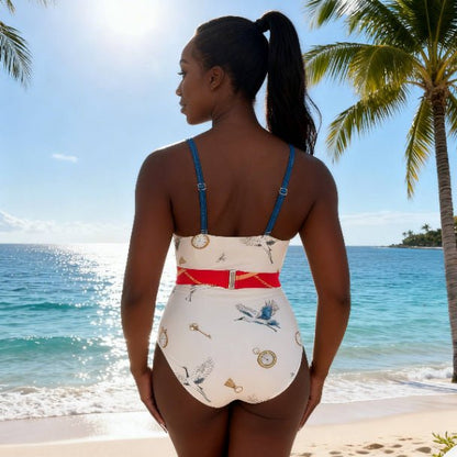 Crane Key One Piece Swimsuit – Vintage Crane Print Resort Swimwear - ZumBuys