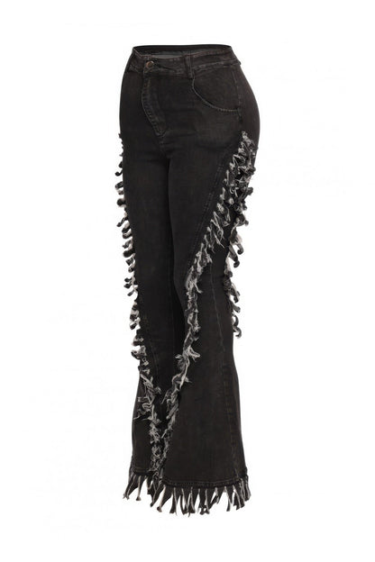Distressed Fringe Denim Flared Pant - ZumBuys