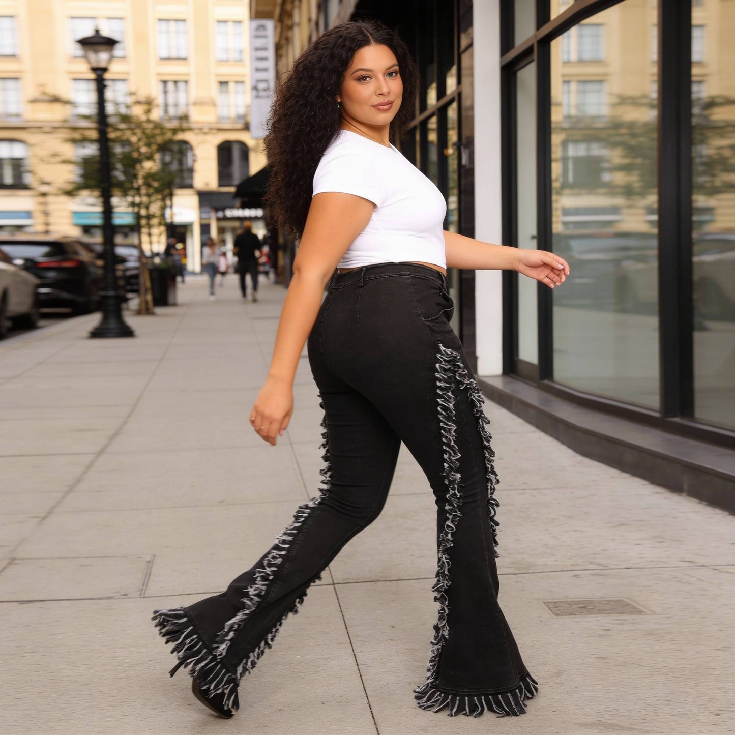 Distressed Fringe Denim Flared Pant - ZumBuys