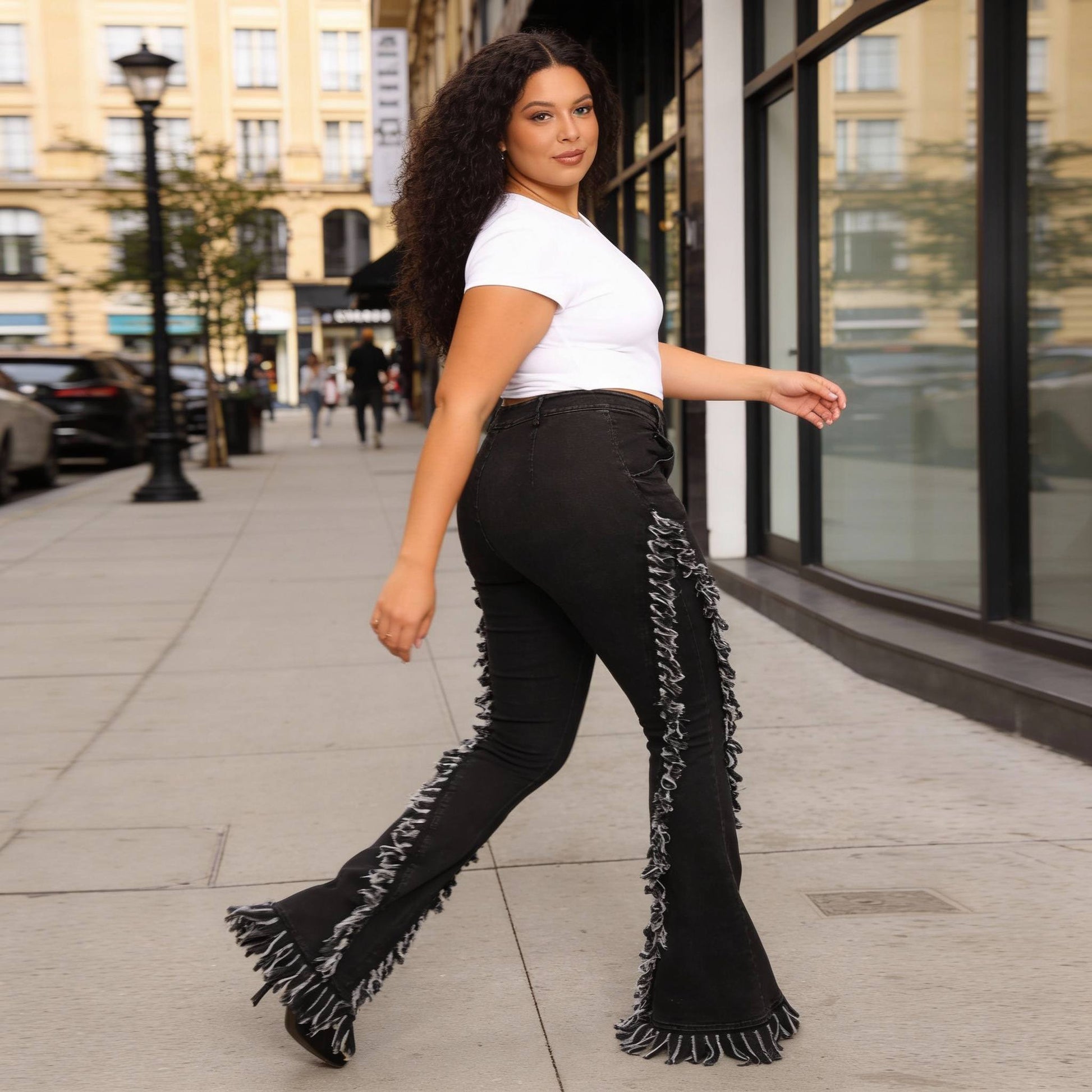 Distressed Fringe Denim Flared Pant - ZumBuys