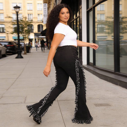 Distressed Fringe Denim Flared Pant - ZumBuys