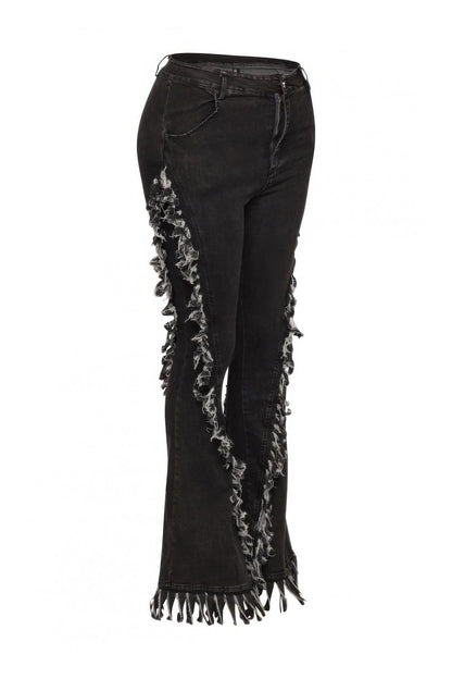 Distressed Fringe Denim Flared Pant - ZumBuys