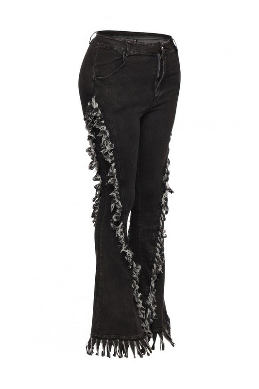 Distressed Fringe Denim Flared Pant - ZumBuys