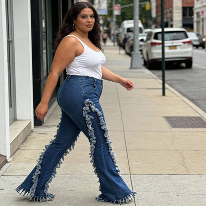 Distressed Fringe Denim Flared Pant - ZumBuys