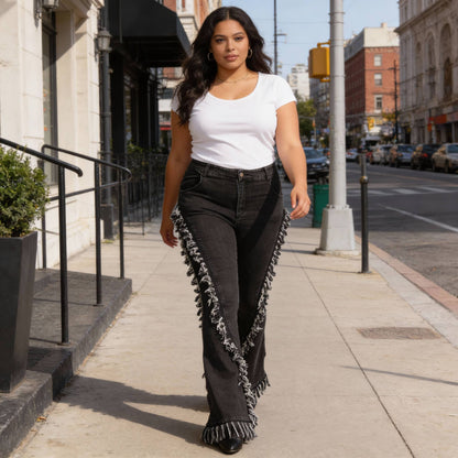 Distressed Fringe Denim Flared Pant - ZumBuys