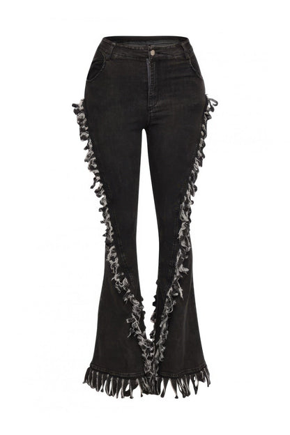 Distressed Fringe Denim Flared Pant - ZumBuys