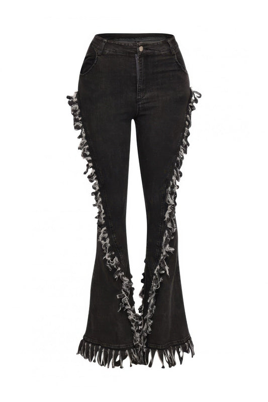 Distressed Fringe Denim Flared Pant - ZumBuys