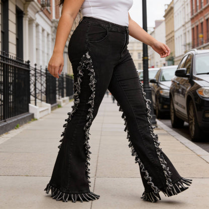 Distressed Fringe Denim Flared Pant - ZumBuys