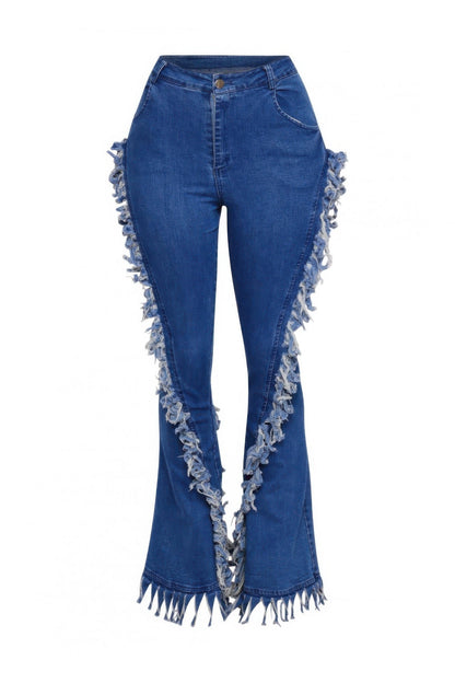 Distressed Fringe Denim Flared Pant - ZumBuys