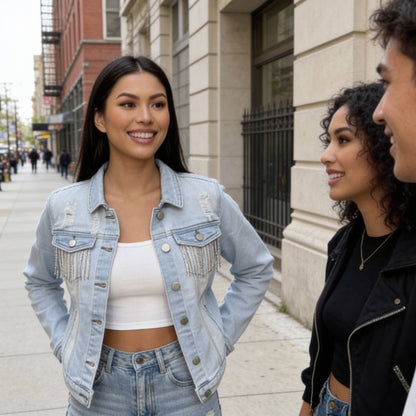 Distressed Jean Jacket With Rhinestone Fringe - ZumBuys