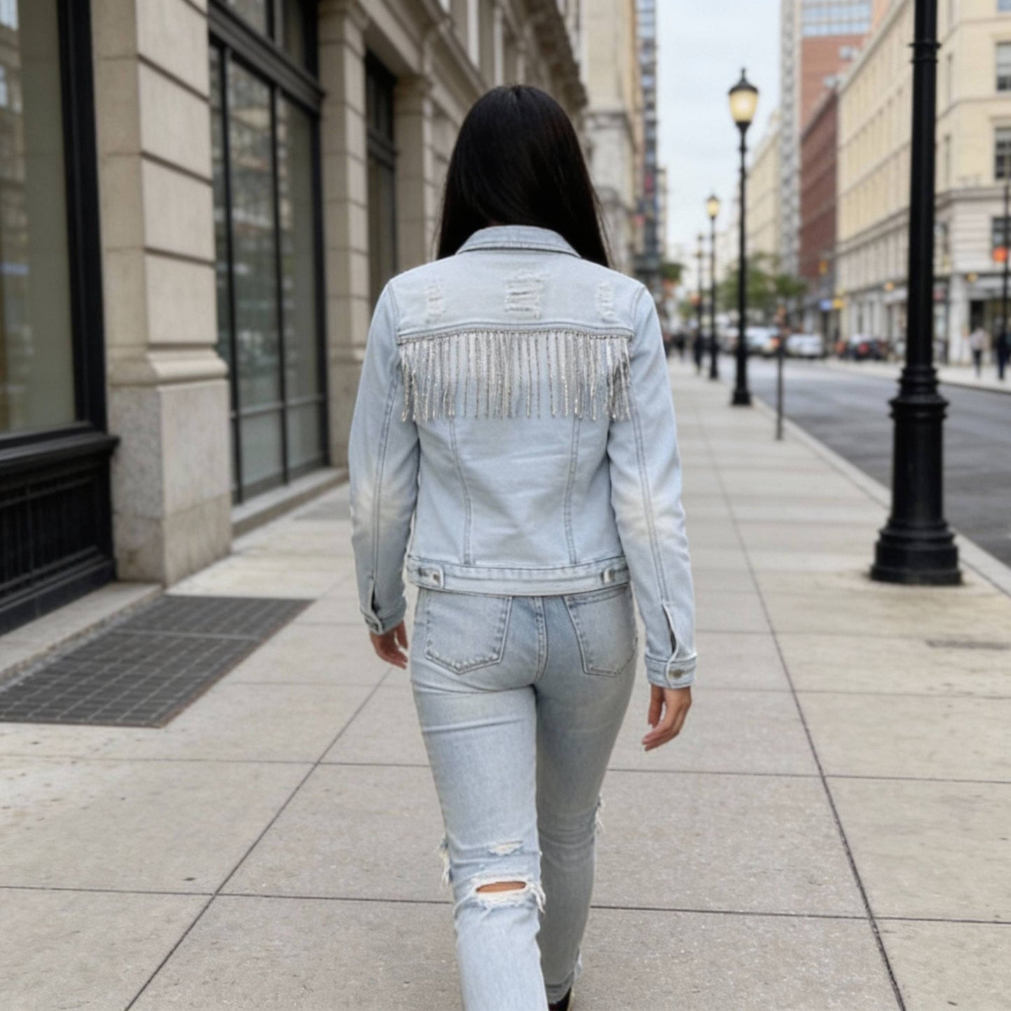Distressed Jean Jacket With Rhinestone Fringe - ZumBuys