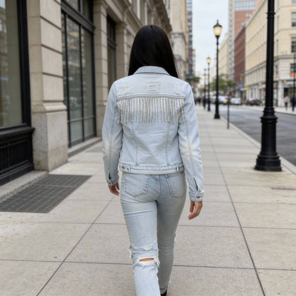 Distressed Jean Jacket With Rhinestone Fringe - ZumBuys