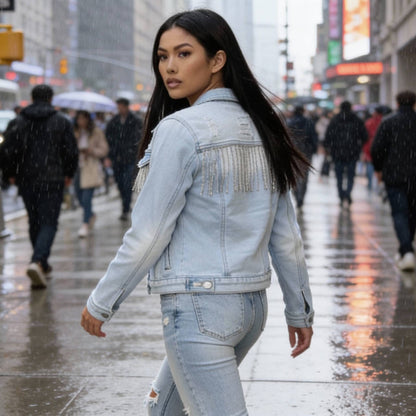 Distressed Jean Jacket With Rhinestone Fringe - ZumBuys