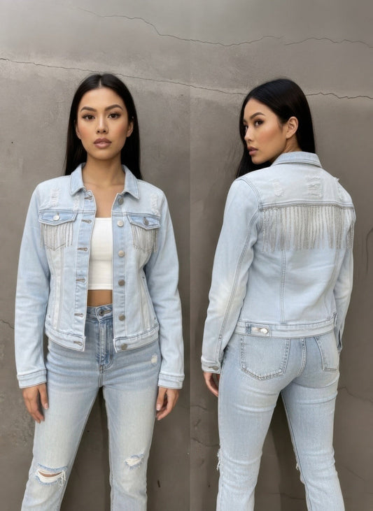 Distressed Jean Jacket With Rhinestone Fringe - ZumBuys