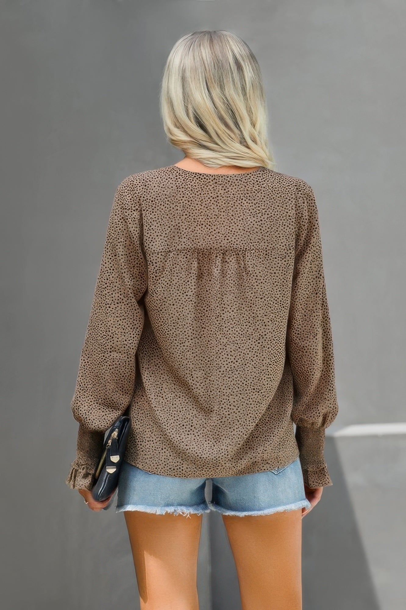 Dot V Neck Loose Fit Ruffle Long Sleeves Blouse - ZumBuys