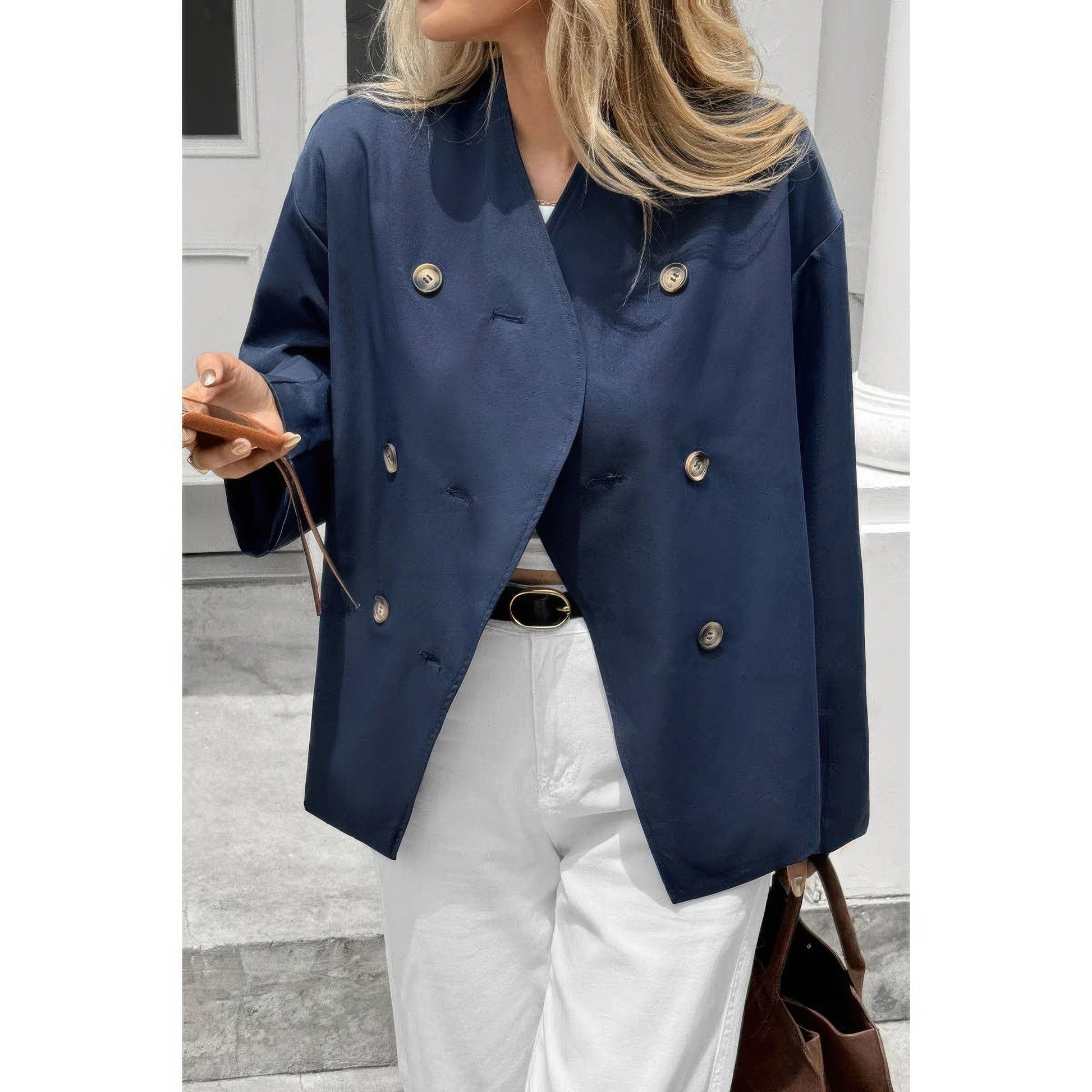 Double Breasted V Neck Trench Long Sleeve Coat - ZumBuys
