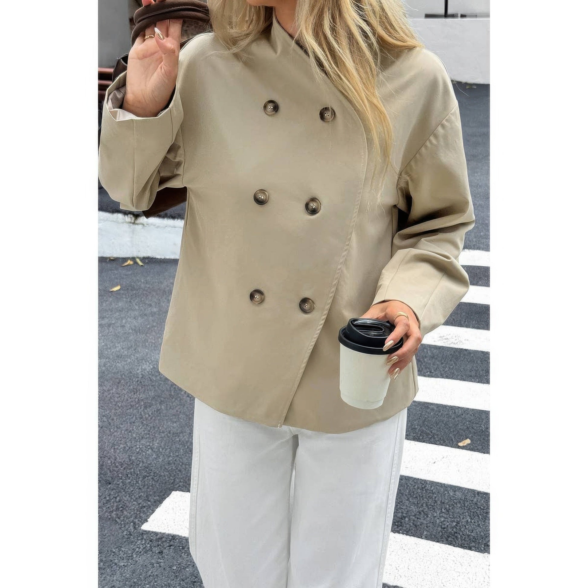 Double Breasted V Neck Trench Long Sleeve Coat - ZumBuys