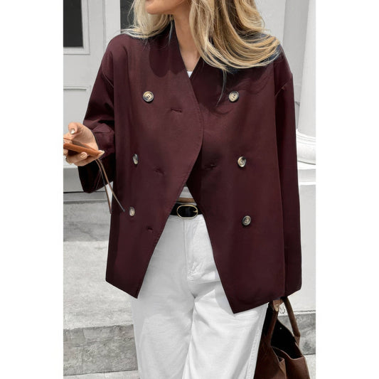 Double Breasted V Neck Trench Long Sleeve Coat - ZumBuys